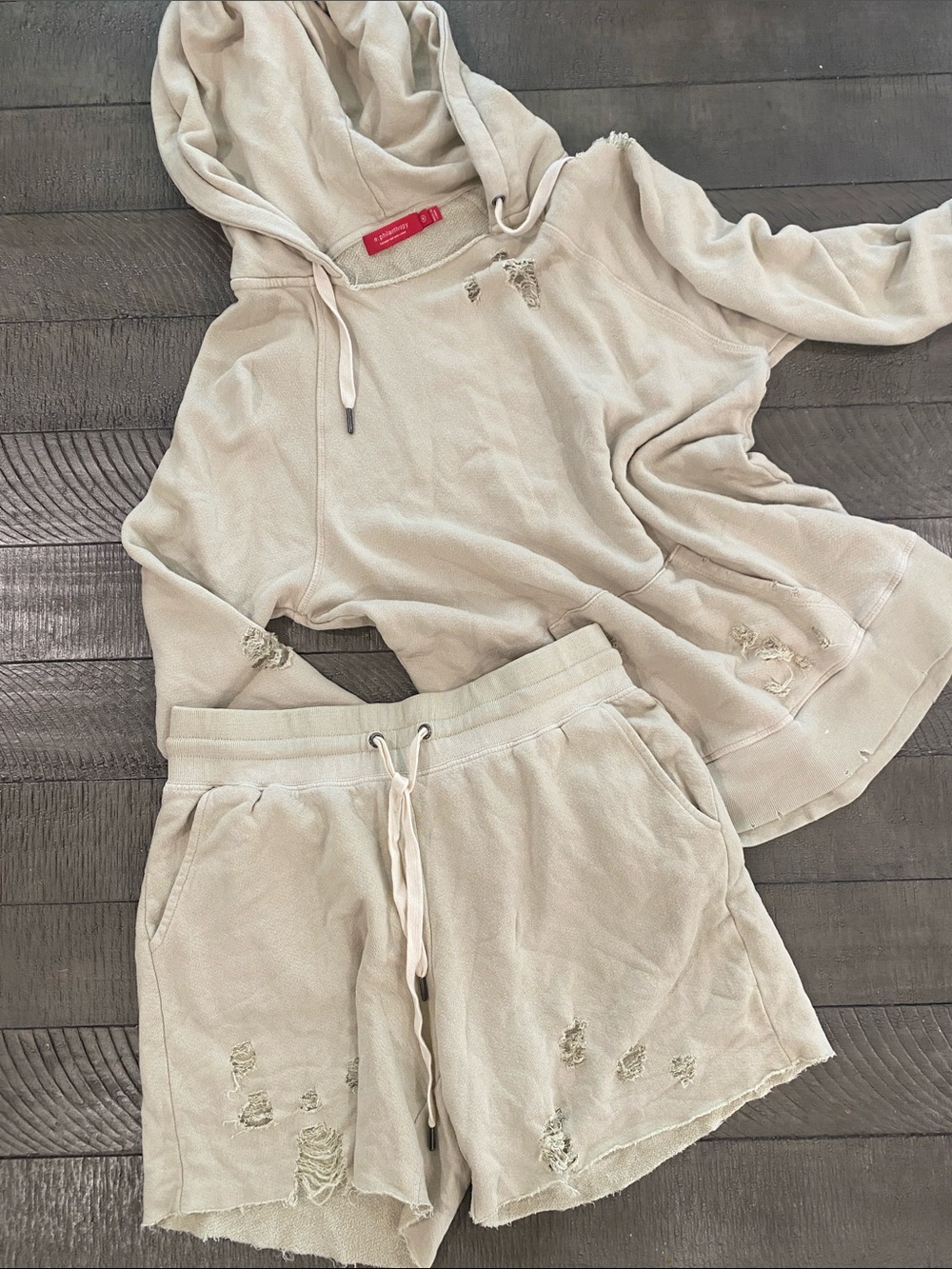 Women's Beige Distressed Athletic Drawstring Shorts and Sweatshirt Set